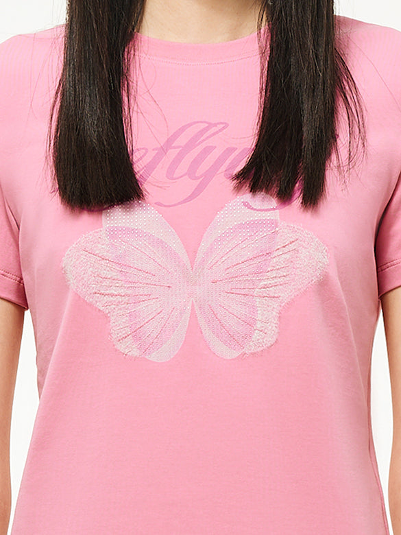 Butterfly Printed & Beads Compact T-shirt