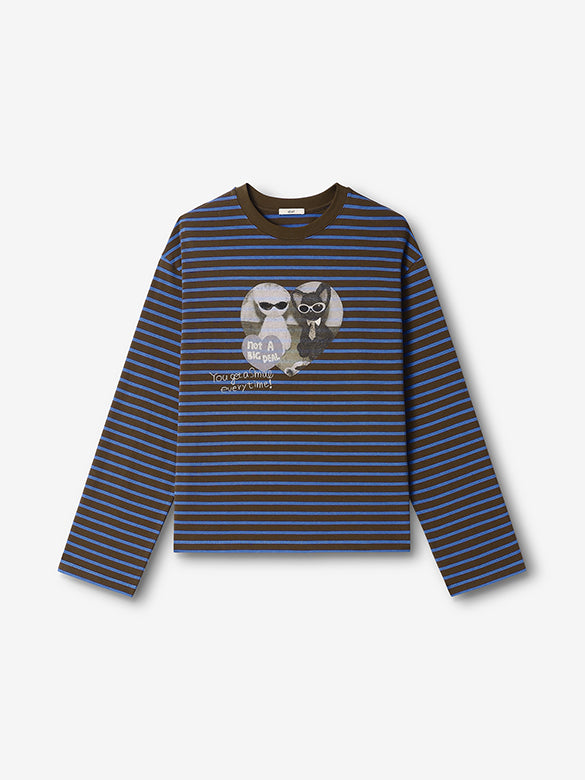 Cat Printed Stripe Long Sleeves T-shirt
