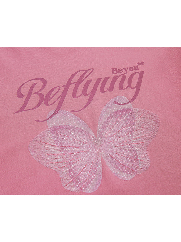 Butterfly Printed & Beads Compact T-shirt
