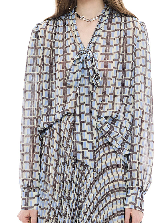 Geometric Printed Chiffon Bow-tie Blouse