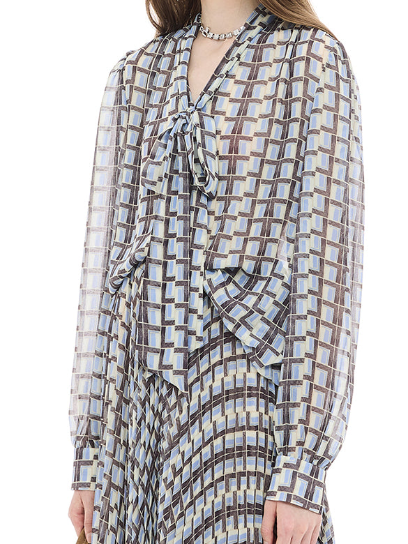 Geometric Printed Chiffon Bow-tie Blouse
