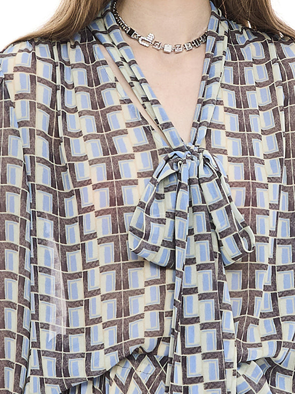 Geometric Printed Chiffon Bow-tie Blouse
