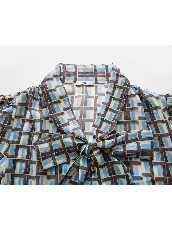 Geometric Printed Chiffon Bow-tie Blouse