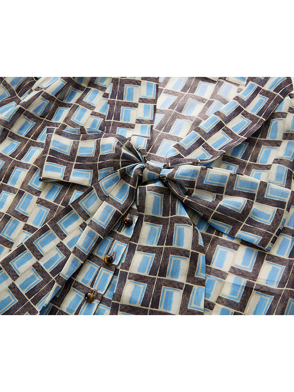 Geometric Printed Chiffon Bow-tie Blouse