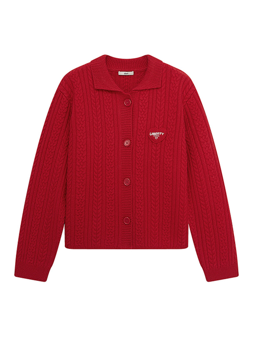 Heart Patch Cable Polo Knit Cardigan