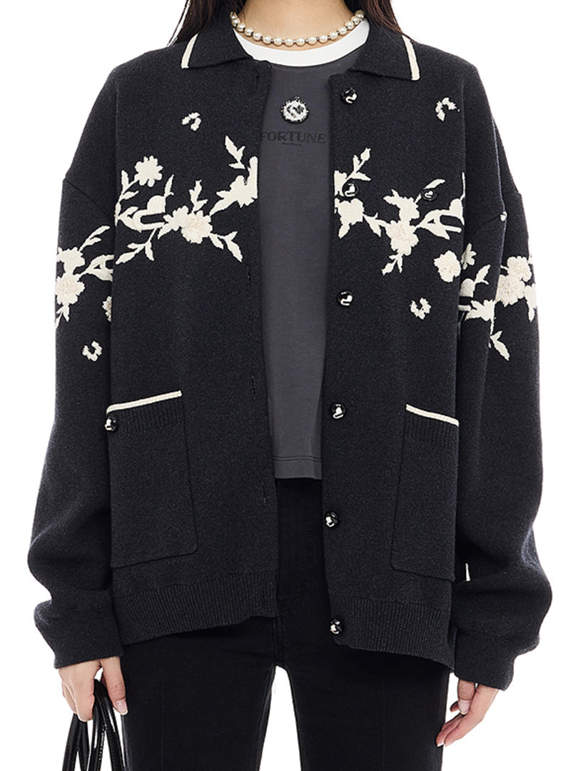 Embroidery Flower Design Polo Knit Cardigan