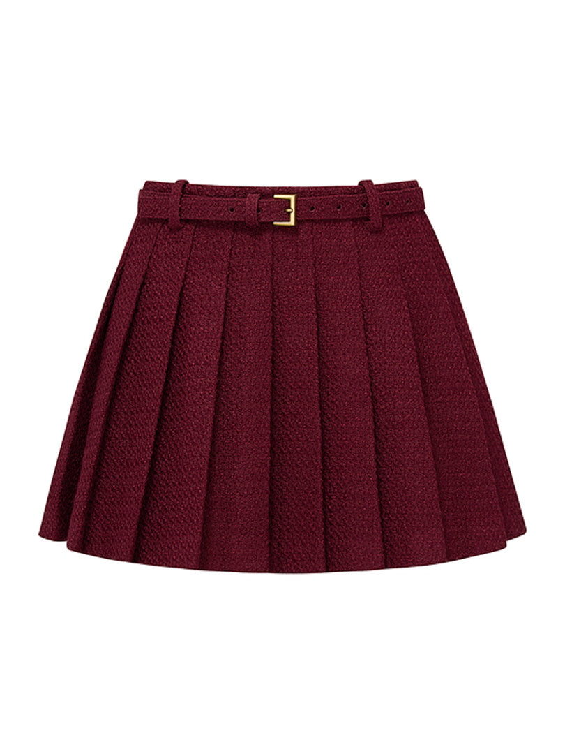 Red Tweed Pleats Skirt