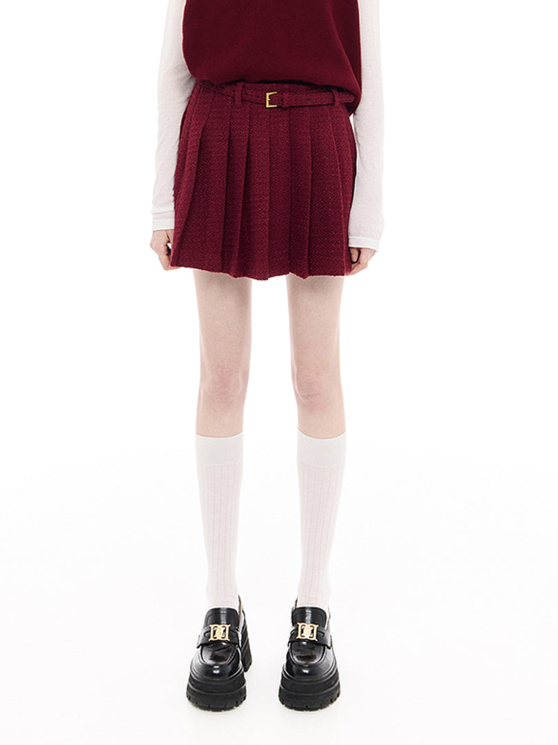 Red Tweed Pleats Skirt