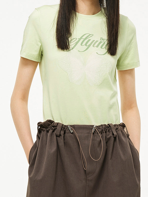 Butterfly Printed & Beads Compact T-shirt