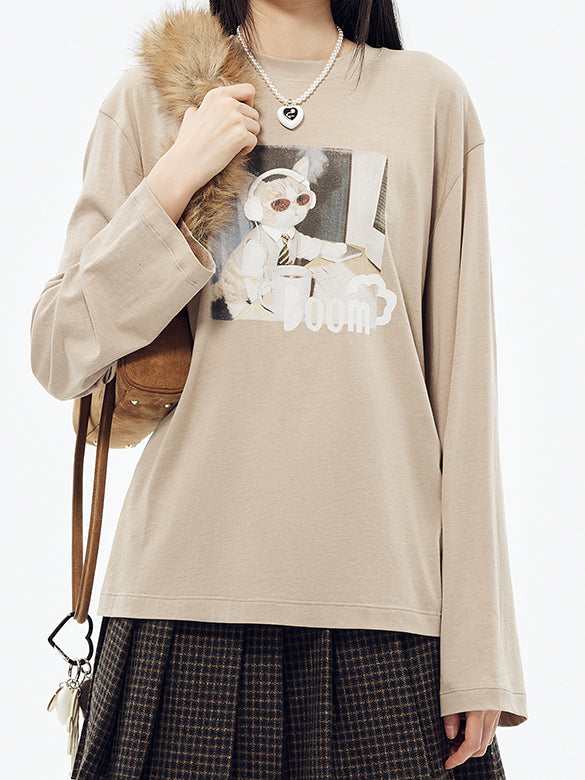 Cat Printed & Beads Long Sleeves T-shirt