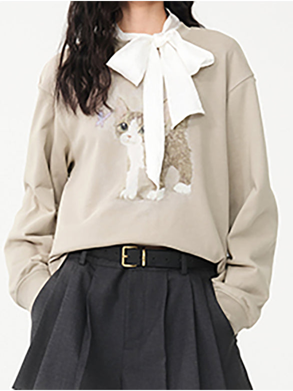 Cat Printed Embroidery Sweatshirt