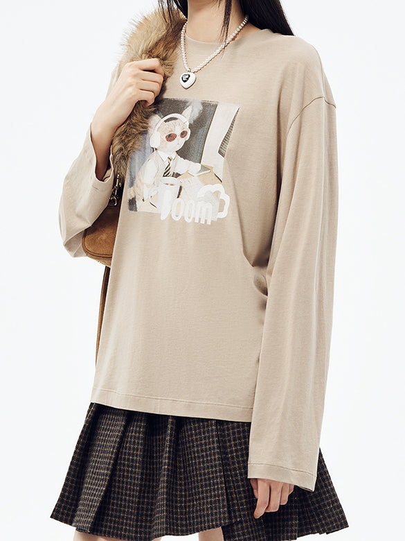 Cat Printed & Beads Long Sleeves T-shirt