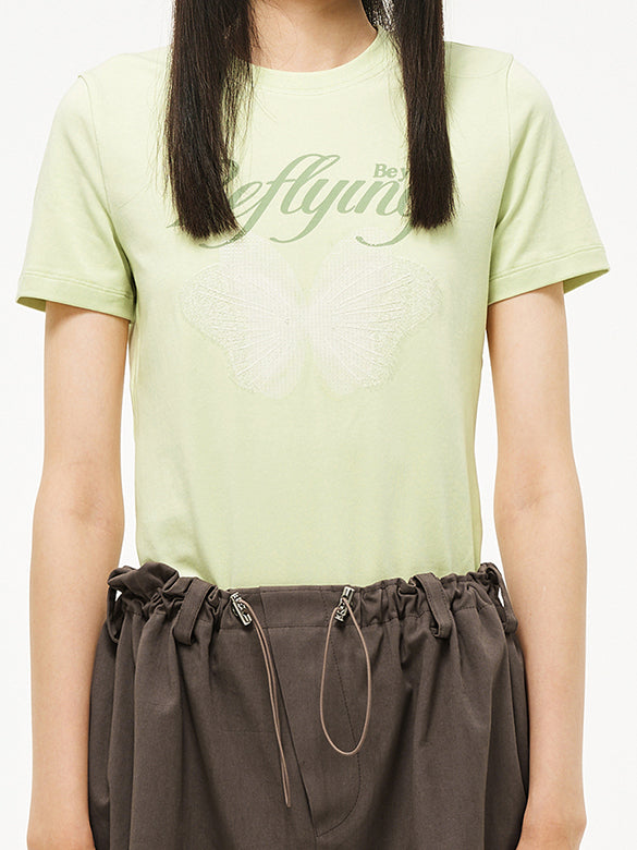 Butterfly Printed & Beads Compact T-shirt