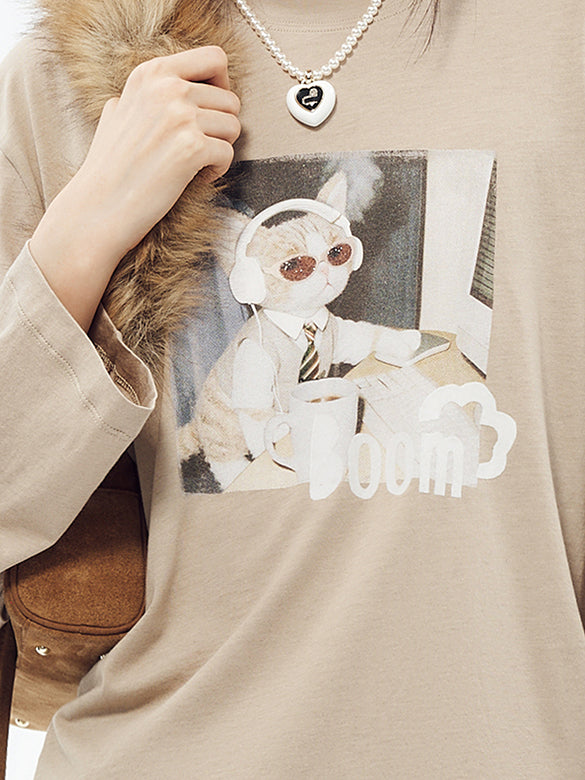 Cat Printed & Beads Long Sleeves T-shirt