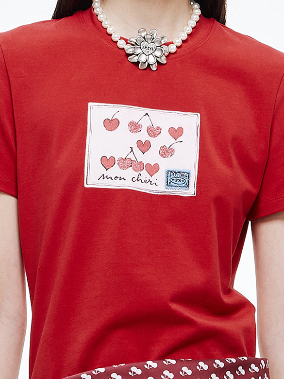 Cherry Printed & Beads T-shirt