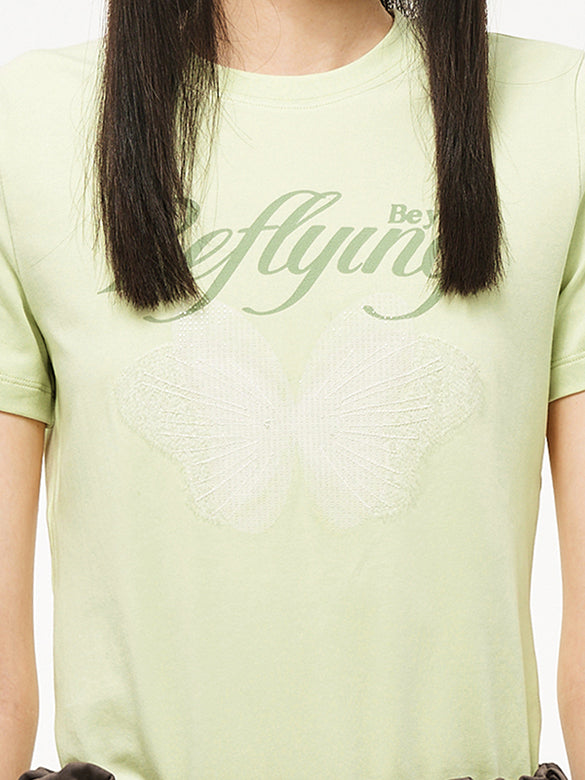 Butterfly Printed & Beads Compact T-shirt