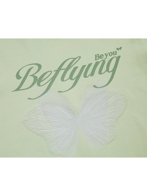 Butterfly Printed & Beads Compact T-shirt