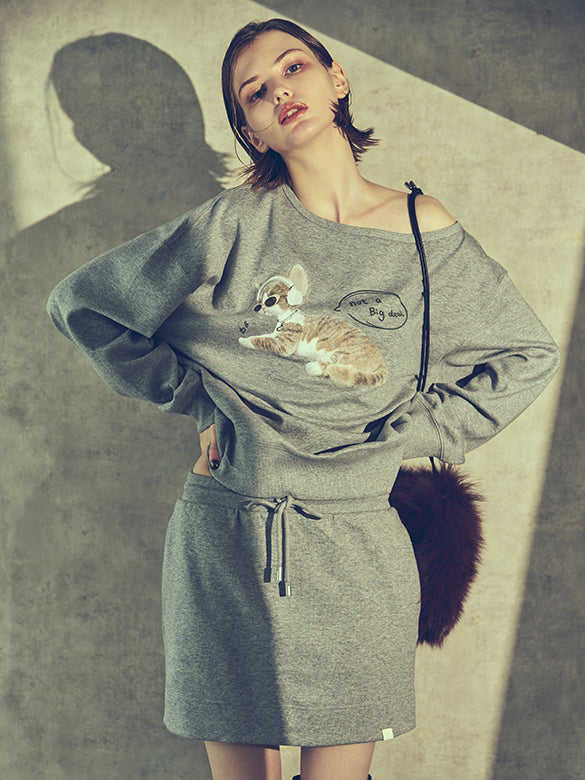Cat Printed One-shoulder Sweatshirt