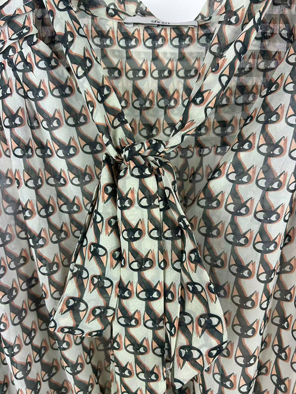 Cat Printed Bow-tie Chiffon Dress