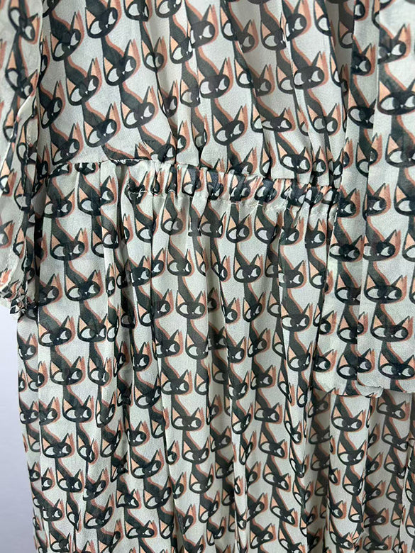 Cat Printed Bow-tie Chiffon Dress