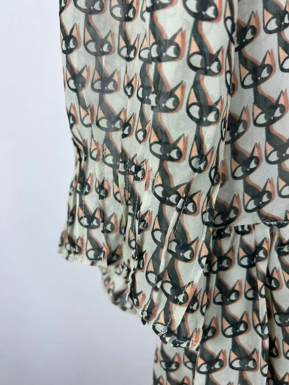 Cat Printed Bow-tie Chiffon Dress
