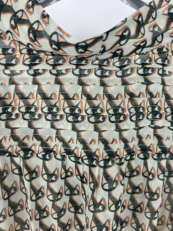 Cat Printed Bow-tie Chiffon Dress