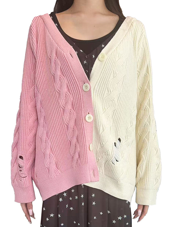 Bi-color Damage Cable Knitting Cardigan