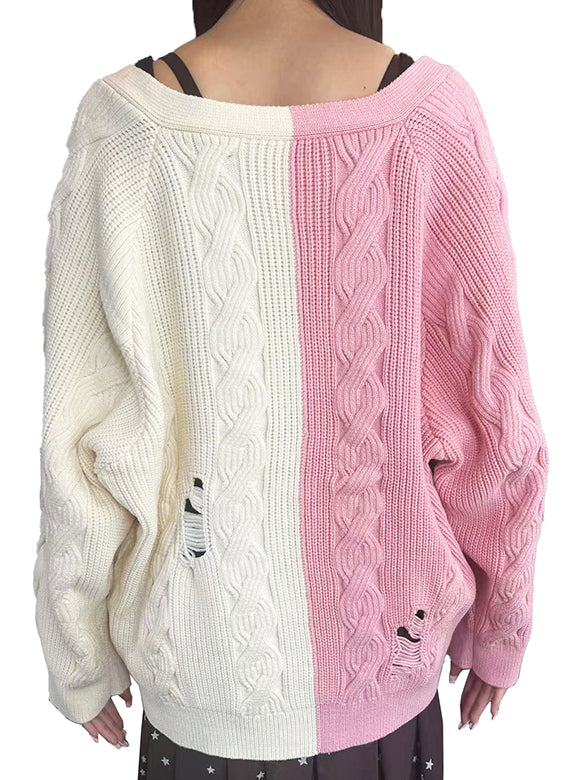 Bi-color Damage Cable Knitting Cardigan