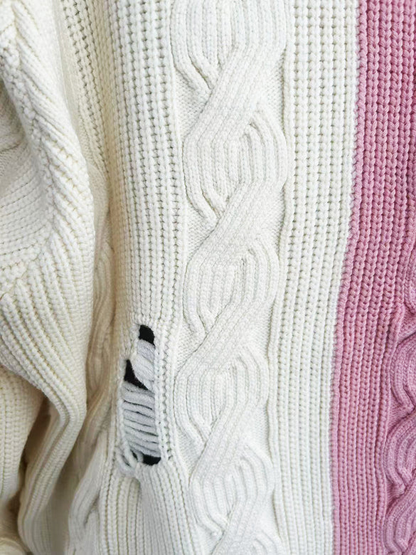 Bi-color Damage Cable Knitting Cardigan