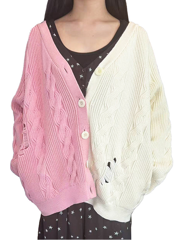 Bi-color Damage Cable Knitting Cardigan