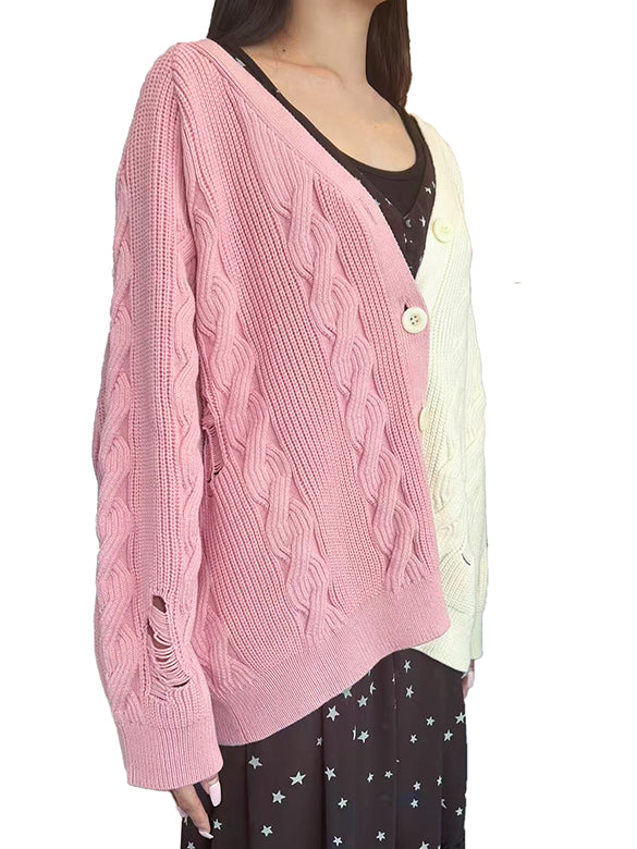 Bi-color Damage Cable Knitting Cardigan