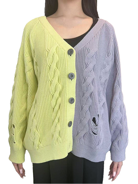 Bi-color Damage Cable Knitting Cardigan