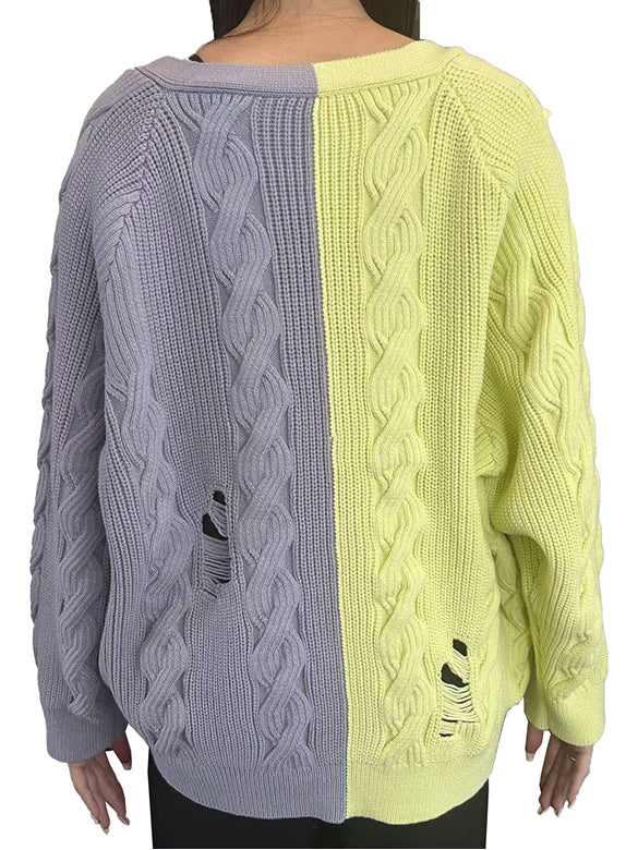 Bi-color Damage Cable Knitting Cardigan