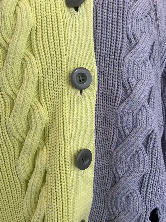 Bi-color Damage Cable Knitting Cardigan