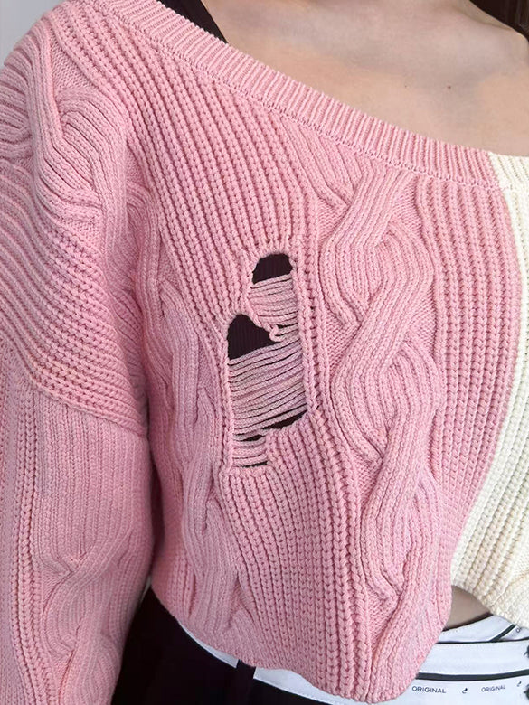 Bi-color Damage Off-shoulder Cable Short Knit