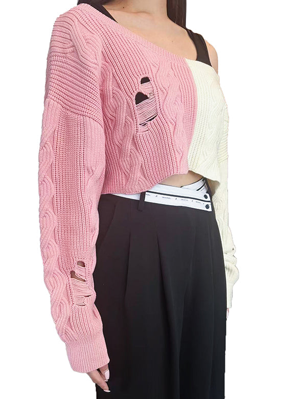 Bi-color Damage Off-shoulder Cable Short Knit