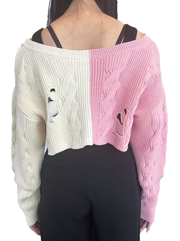 Bi-color Damage Off-shoulder Cable Short Knit