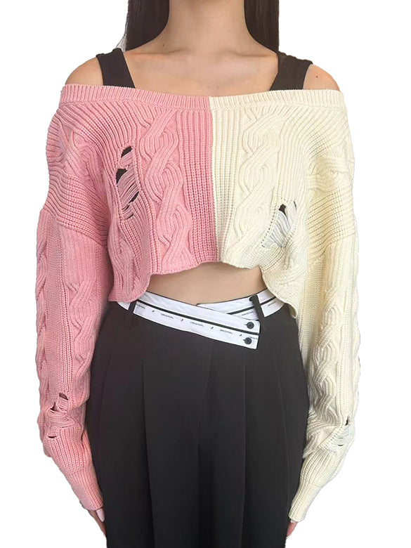 Bi-color Damage Off-shoulder Cable Short Knit