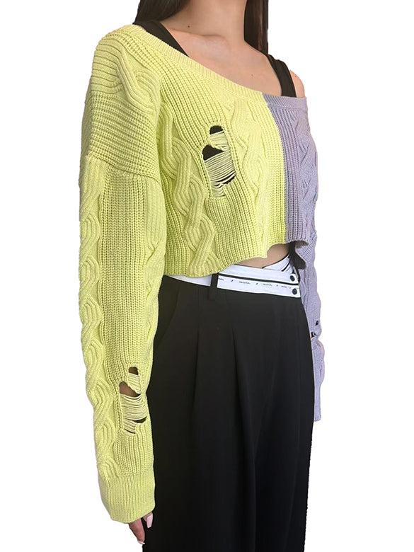 Bi-color Damage Off-shoulder Cable Short Knit