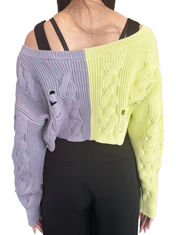 Bi-color Damage Off-shoulder Cable Short Knit