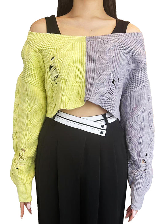 Bi-color Damage Off-shoulder Cable Short Knit