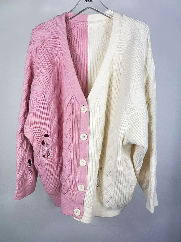 Bi-color Damage Cable Knitting Cardigan