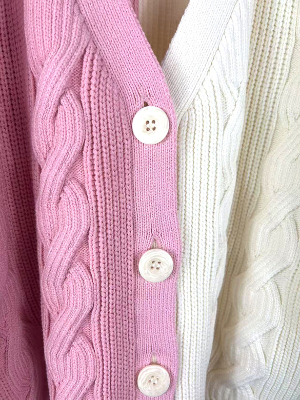 Bi-color Damage Cable Knitting Cardigan