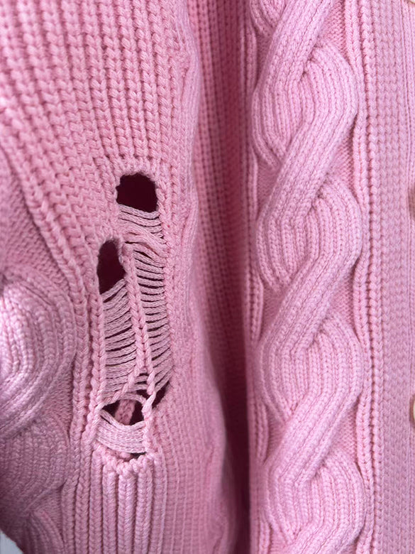 Bi-color Damage Cable Knitting Cardigan