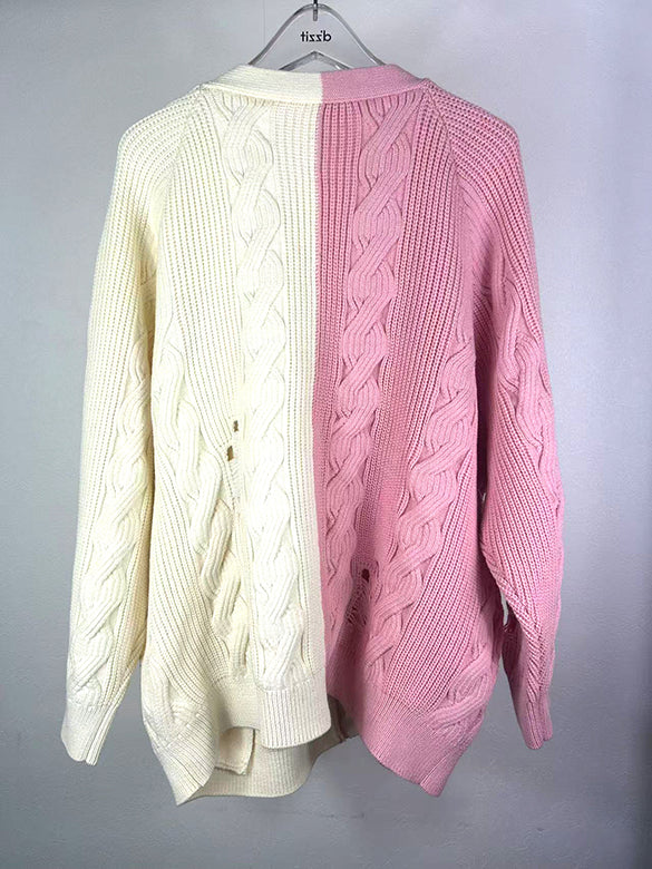 Bi-color Damage Cable Knitting Cardigan