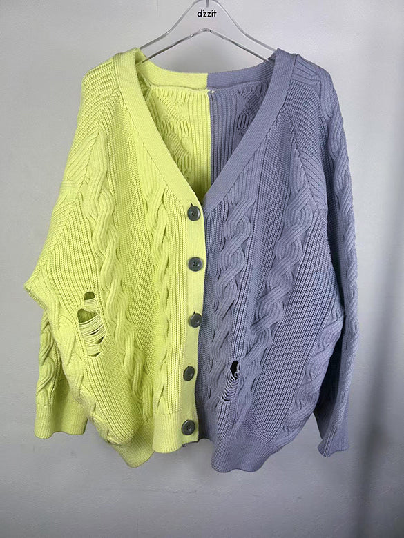 Bi-color Damage Cable Knitting Cardigan