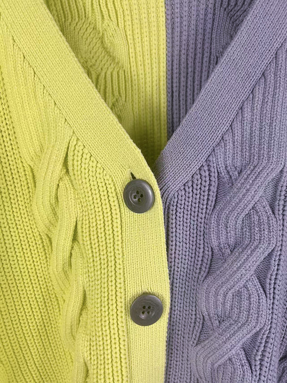 Bi-color Damage Cable Knitting Cardigan