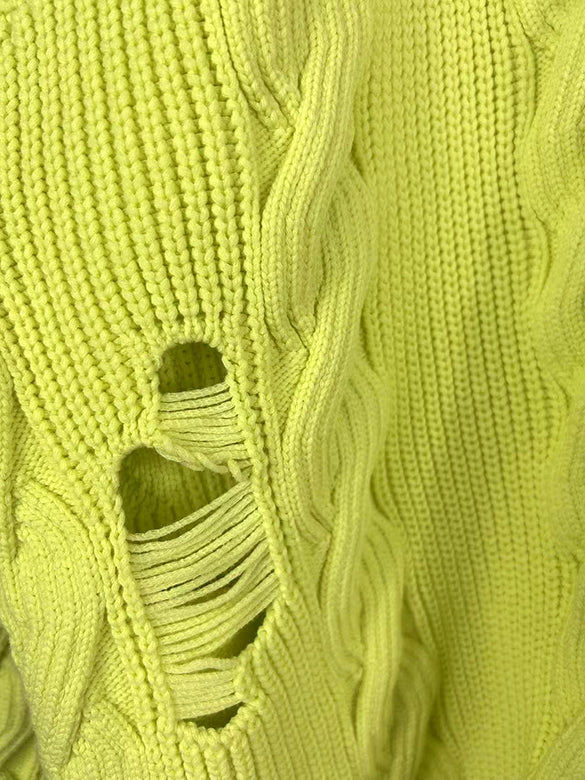 Bi-color Damage Cable Knitting Cardigan