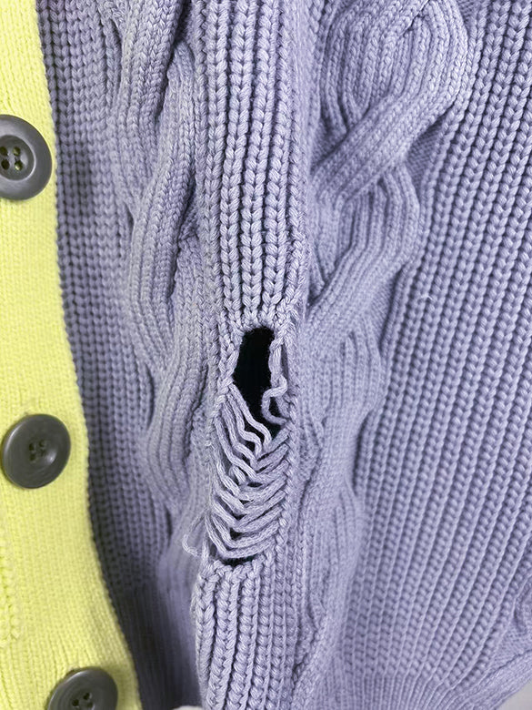 Bi-color Damage Cable Knitting Cardigan