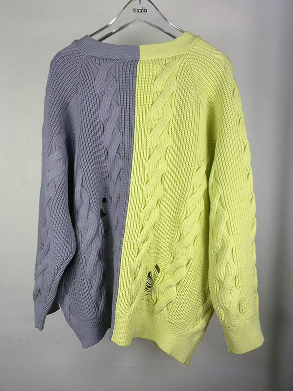Bi-color Damage Cable Knitting Cardigan